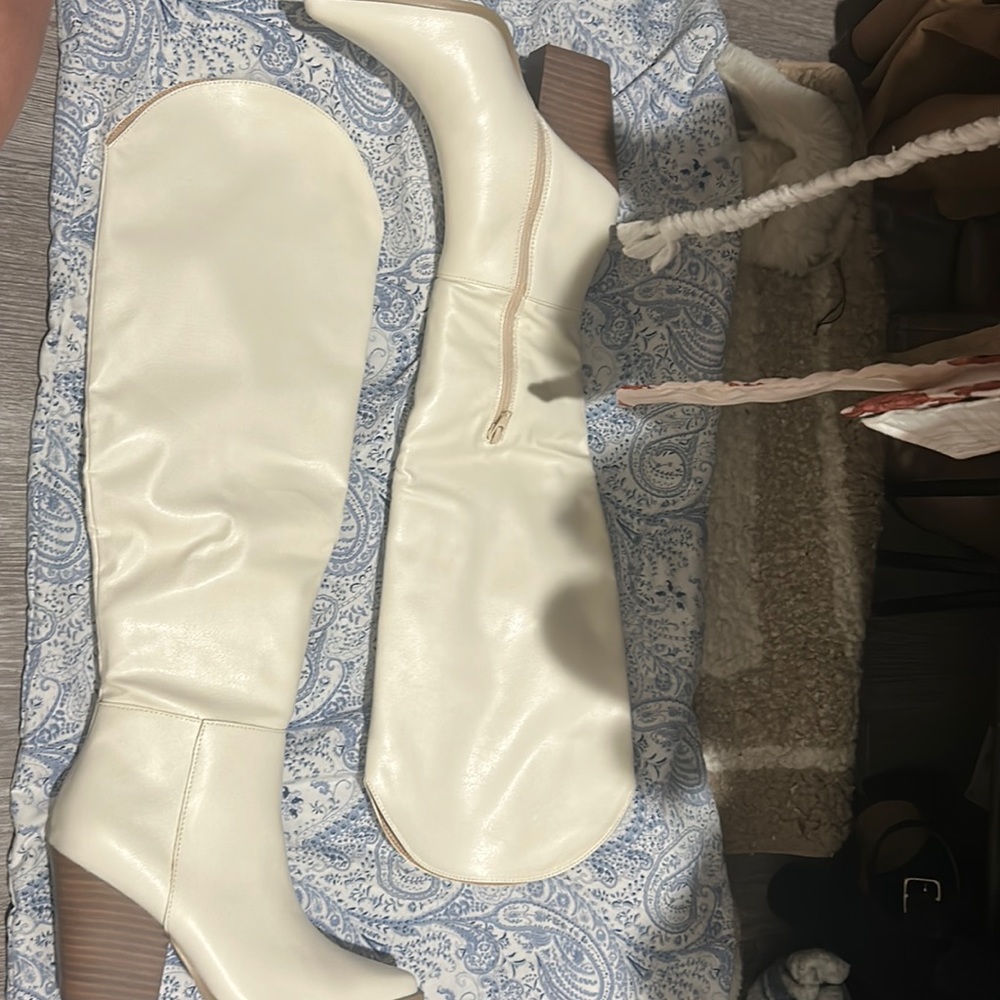 Boutique White Knee High Cowboy Boots